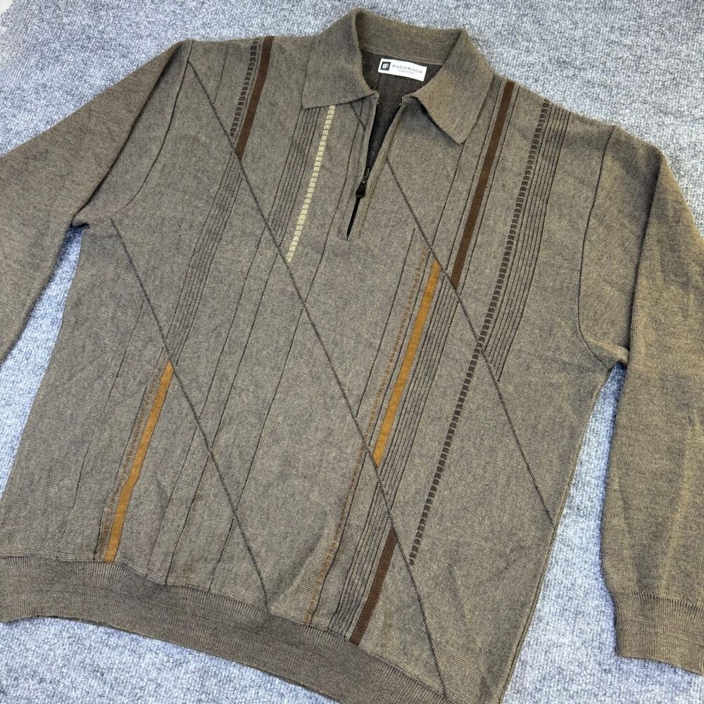 Vintage Bachrach Italy Wool Quarter Zip Sweater Taupe Brown Geo Mens Knit‎ XL
